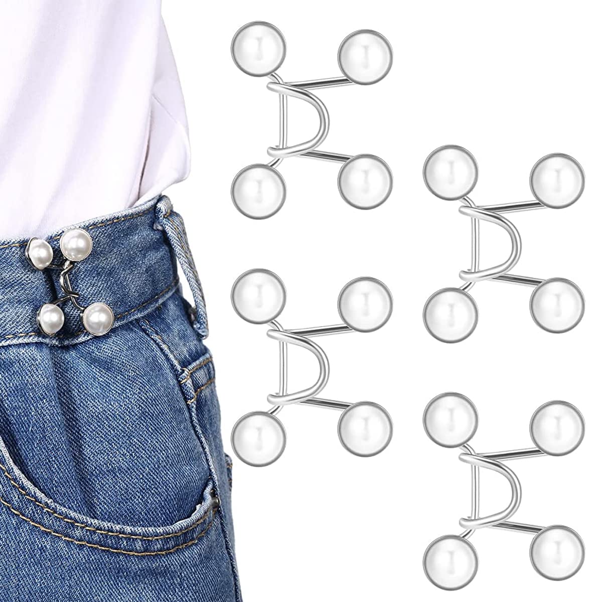 SANNIDHI 4Pcs Adjustable Waist Buckle for Loose Jeans Pants, Pearl Detachable Instant Jeans Button Pins Waist Tightener Set, Make the Waist Fit for Skirt Pants Robe, No Sewing Required SANNIDHI 4Pcs Adjustable Waist Buckle for Loose Jeans Pants, Pearl Detachable Instant Jeans Button Pins Waist Tightener Set, Make the Waist Fit for Skirt Pants Robe, No Sewing Required